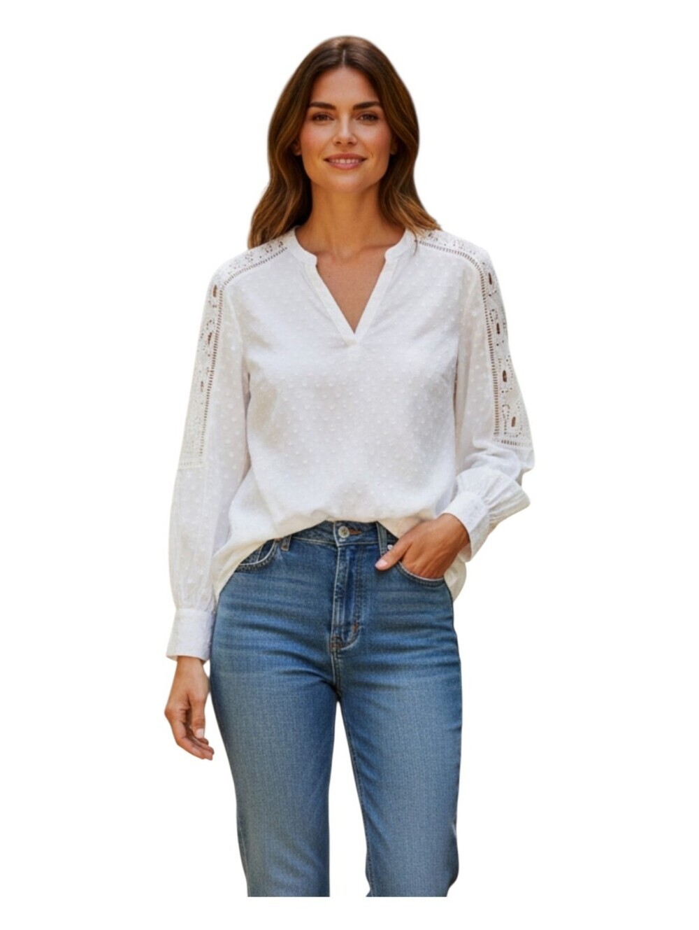 Soft Surroundings Womens Ivory Swiss Dot Contrast Lace Crochet Boho Blouse XS